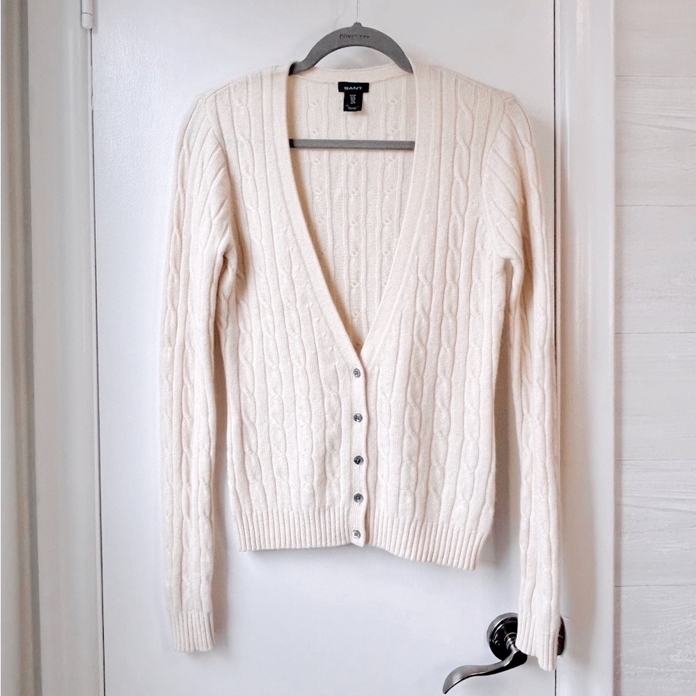 GANT 100% Cashmere Cable Knit Cardigan Cream